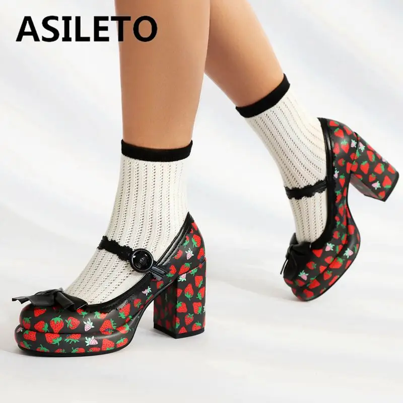 Shinelly Strawberry Mary Jane Pumps - Platform Chunky Heel Kawaii Shoes For Women