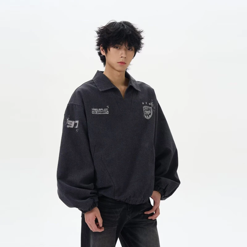 Spring Trendy Mens Tops Letter Printing College Unisex Sweatshirt Street Fashion Loose Washed Lapel Male Pullover New