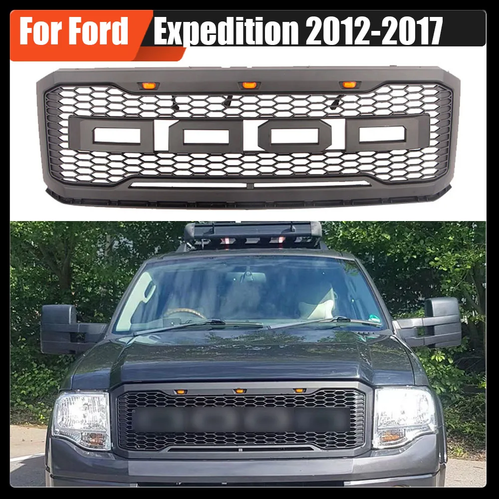 

For Ford Expedition 2012-2017 Car Radiator Honeycomb Grille Front Bumper Mask Mesh Cover ABS Amber Led Racing Grills Upper Grid