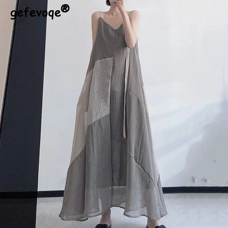 Women Vintage Patchwork Irregular Beach Maxi Dress Vacation Elegant Long Dresses V Neck Sleeveless Spaghetti Strap Sundress Robe