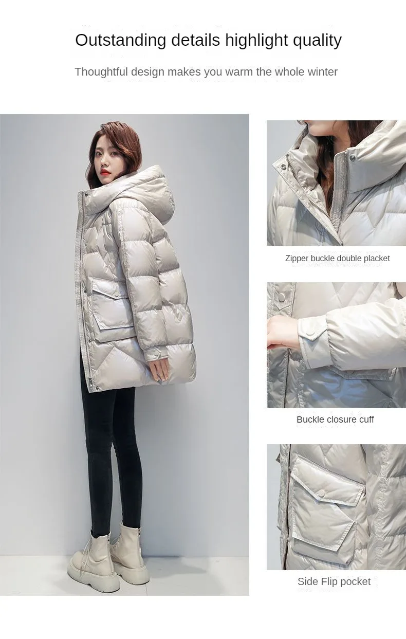 Brand Winter Women's Down Jacket White Duck Down Medium Length Street Style Bright Face Wash Fashion Loose Thick Hooded Coats