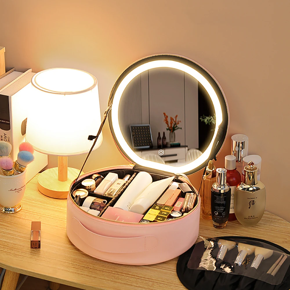 Smart LED Makeup Bag With Mirror Large Capacity Professional Waterproof PU Leather Travel Cosmetic Case Women Storager 2023 New