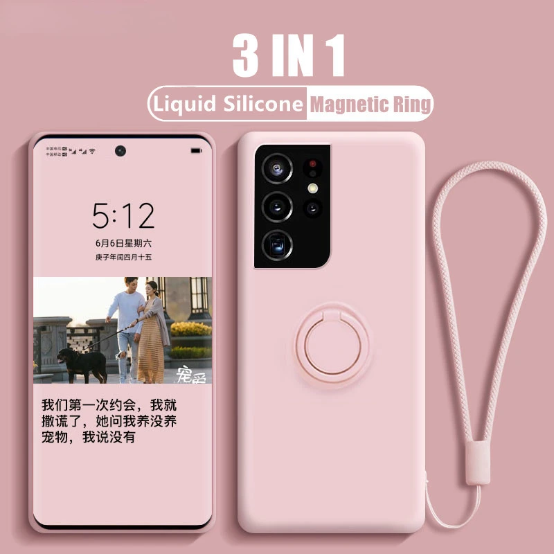 Магнитный чехол из жидкого силикона для Samsung Galaxy S24 S23 S22 Ultra S21 Plus S20 FE Note 20 S21FE S22Plus, чехол-подставка с кольцом-держателем