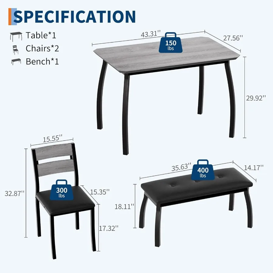 4-Piece Dining Table Set with Bench 5