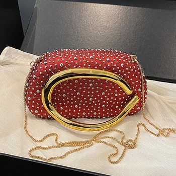 Pochette da sera rossa da sposa per donna Borsa da festa Fashinon in oro argento di lusso e borsa a tracolla con rossetto da donna di tendenza
