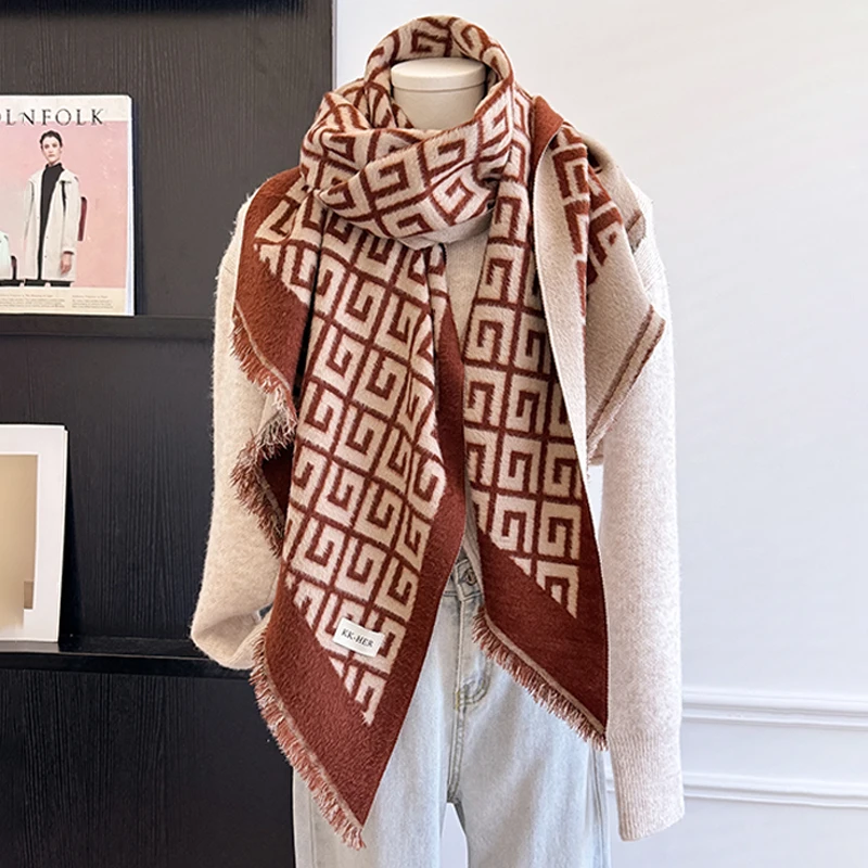 2025 Luxury Brand Women's Cashmere Scarf - Winter Warm Tasseled Allover Geometric Print Pashmina Shawl