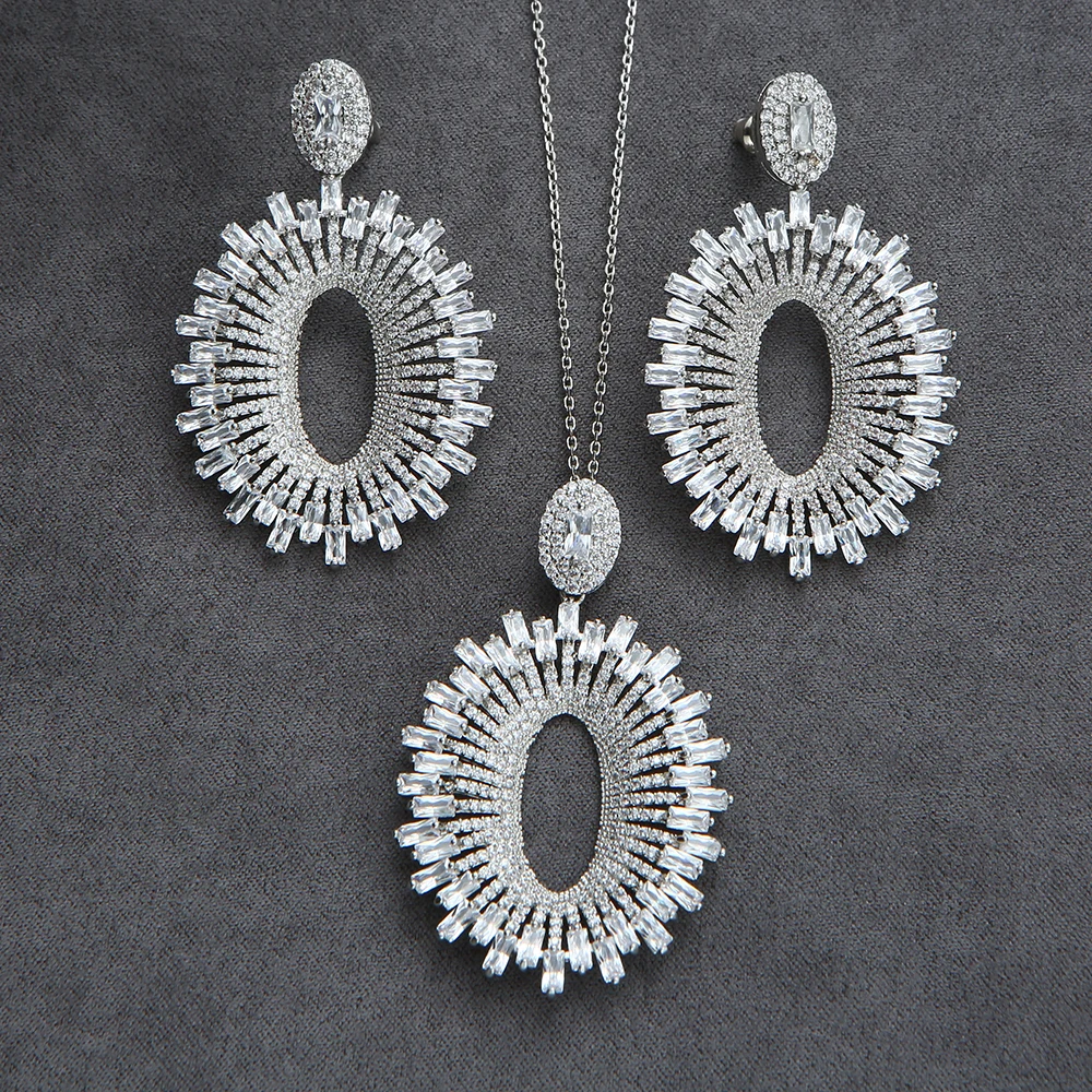 

Luxury Baguette Geometry Ellipse CZ Necklace Earring For Women Wedding Evening Party Dinner Dubai Jewelry Set Gifts E6706