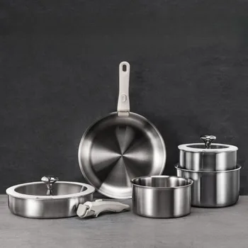 Stainless Steel Cookware Set Pots and Pans Set Detachable Handle 9pcs Induction Kitchen Cookware Sets Dishwasher Oven Safe