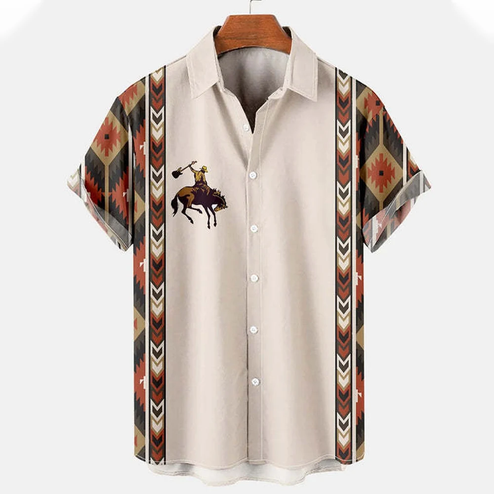 2023 Summer Cowboy Shirt For Men Vintage Ethnic Hawaiian 3D Print Clothes Casual Simple Short Sleeve Lapel Button Streetwear