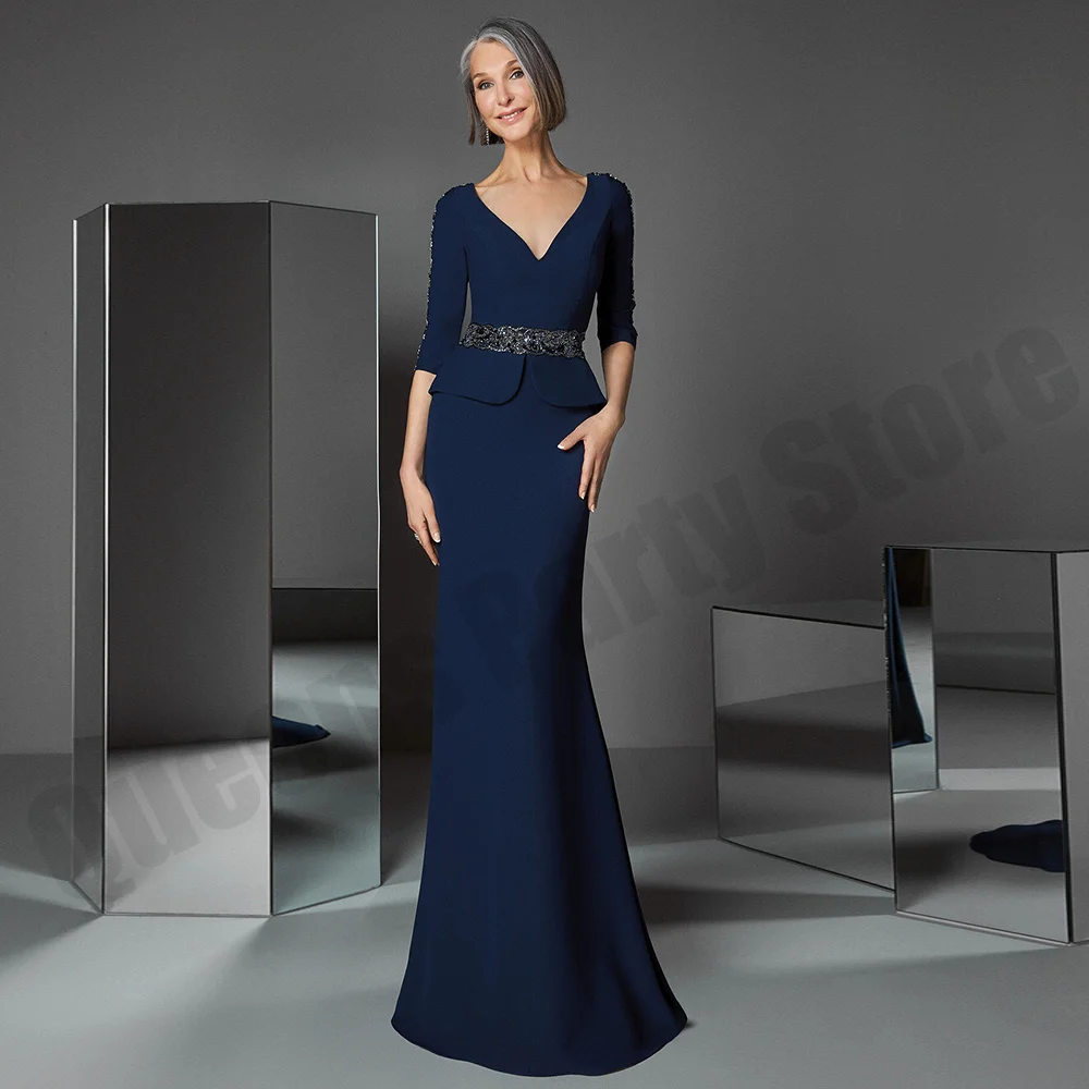 

Modest Wedding Guest Dresses Elegant 3/4 Sleeves V Neck Beading Sequin Sweep Train Navy Blue Mermaid Mother of The Bride Dress