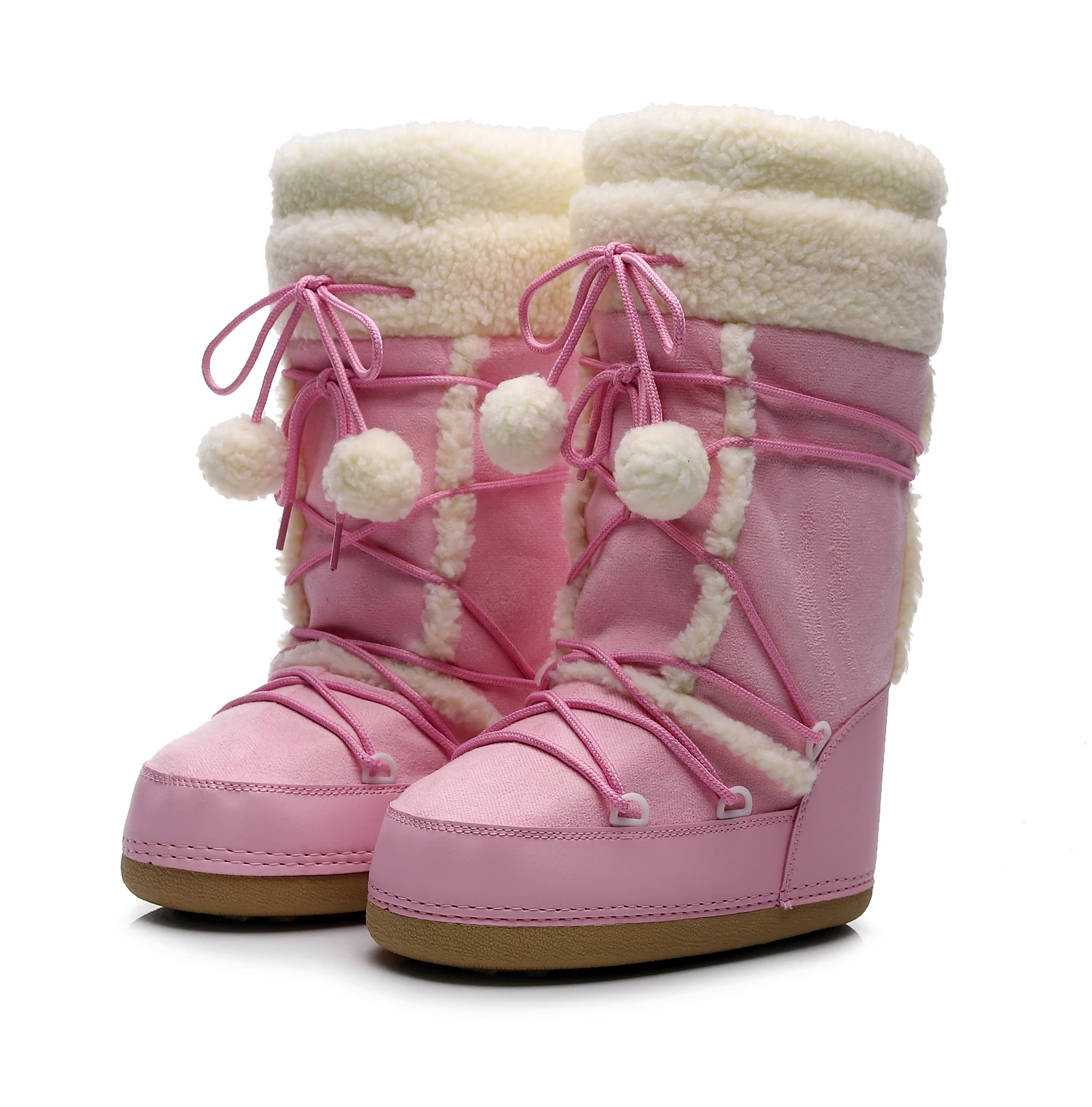 PInk Winter Fluffy Women's Snow Boots Outdoor Faux Fur Cotton Boots Waterproof Middle Calf Platform Shoes Female Ski Boots