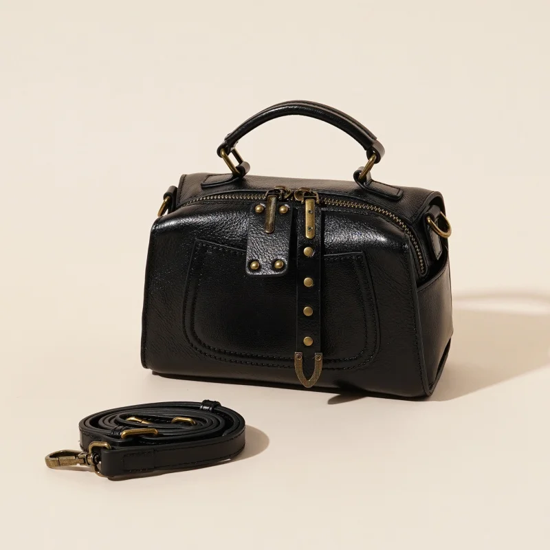 Spring and summer new genuine leather Boston fashion casual handbag tanned cowhide shoulder width women's bag