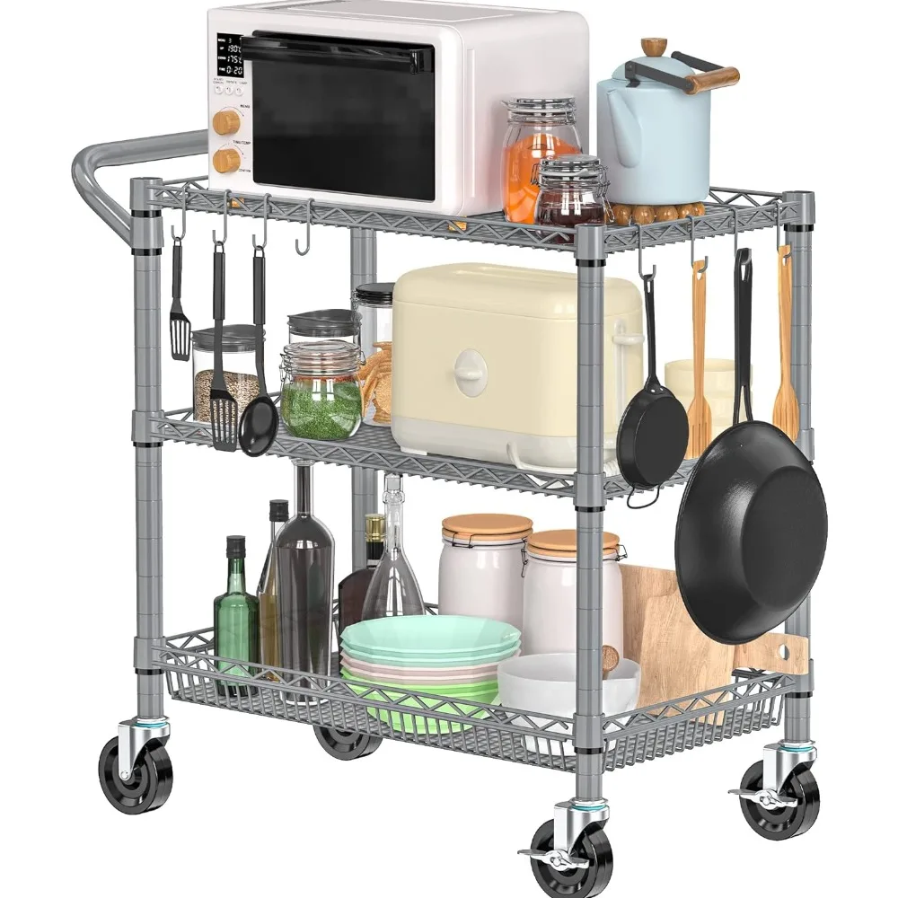 

3 Tier Rolling Cart Heavy Duty, Utility Cart with Wheels Commercial Grade Wire Kitchen Storage Trolley Metal Cart Organizer