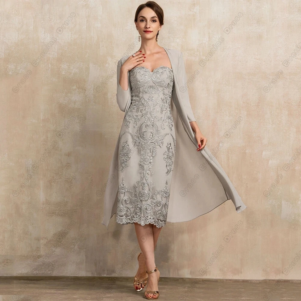 Grey Strapless Mother of Bride Dresses Lace Tea Length Summer Full Sleeve Wedding Party Dresses Vestidos De Noche