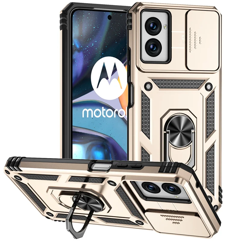 Shockproof Armor Phone Case with Magnetic Ring Holder and Slide Lens Protector