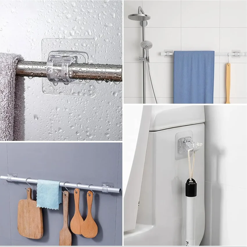 2/6/12Pcs Self Adhesive Rail Hooks Nail-Free Adjustable Curtain Rod Bracket Clamp Hooks No Drilling Home Kitchen Bathroom Use