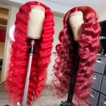 

Peruvian Red Loose Deep Wave Human Hair Lace Front Wigs 99j Colored Curly 13x4x4 Lace Closure Wig Remy PrePlucked Bleached Knots