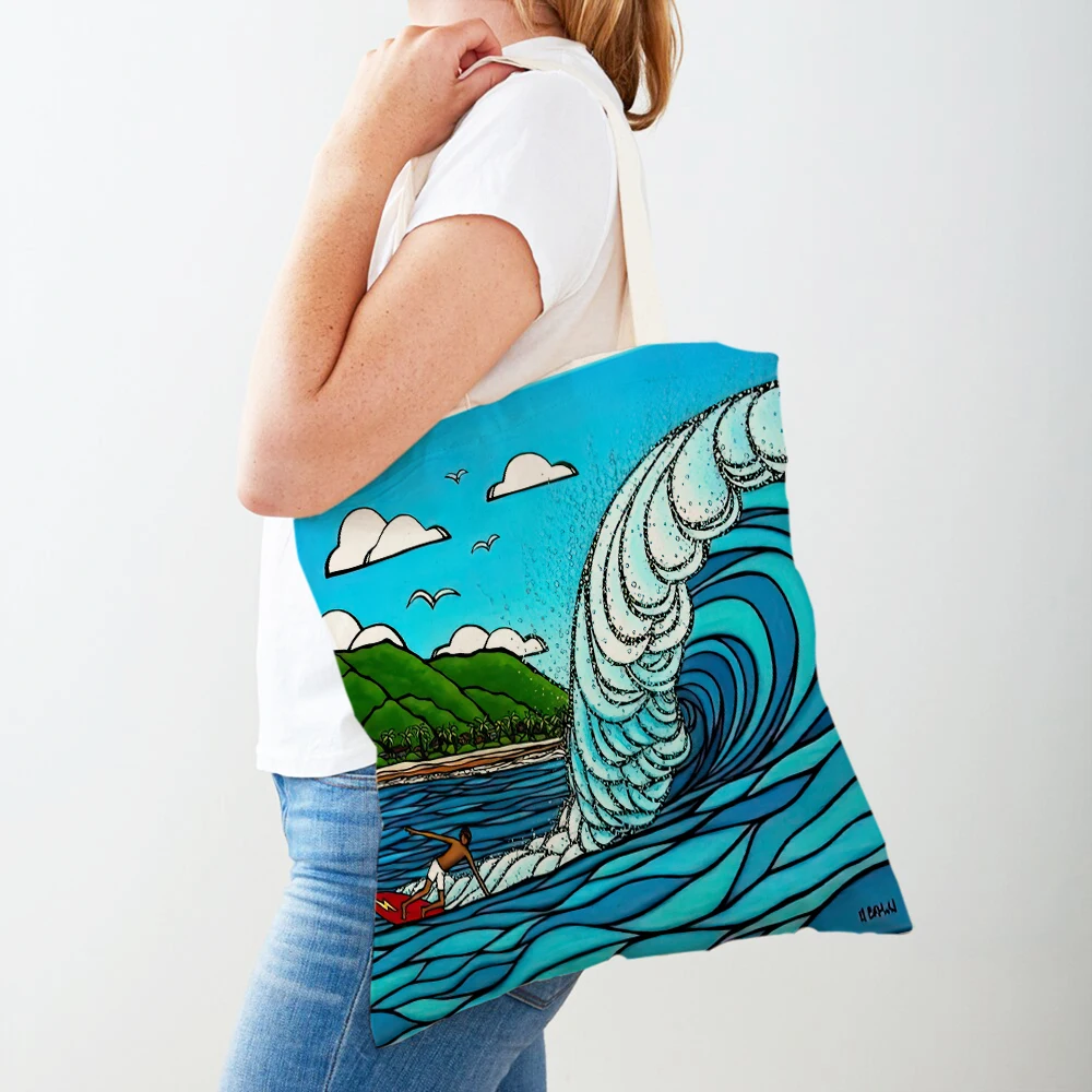Women Shopping Bags Tote Handbags Casual Canvas Double Print Landscape Hawaiian Islands Beach Surfing