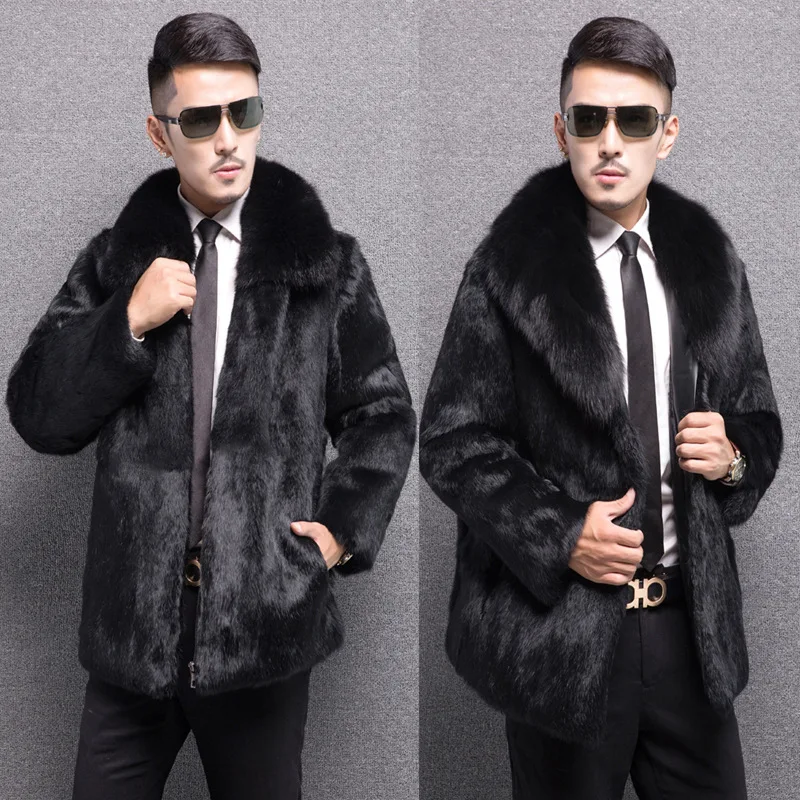 Luxury Brand Black Fur Jacket Men Autumn Winter Faux Fur Coat Long Sleeve Windbreak Thickened Warm Leather Jacket Hooded New