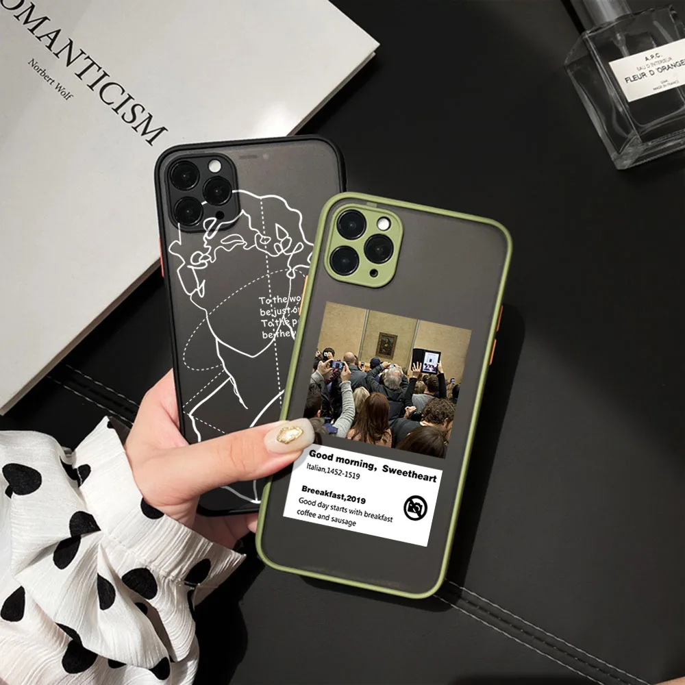 Per Iphone 15 8 7 14 Plus 13 12 11 Mini Pro Se Xs Max X Xr 6 David Mona Lisa White Line Art Custodia Per Telefono Nera Traslucida Smerigliata