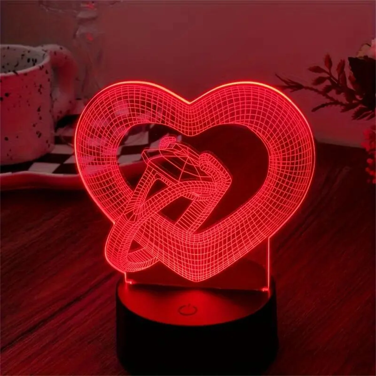 러브 다이아몬드 링 3D 야간 조명, 3D 착시 램프 터치, 침실용 주변 조명, 7 색 변경, 1 개