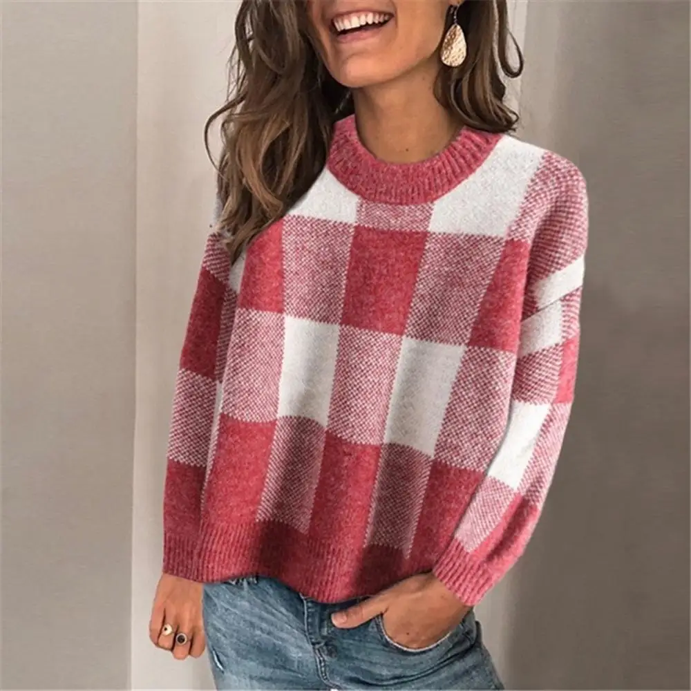 

New Loose Plaid Pullover Casual Sweater Knitted Women Winter 2023 O-Neck Long Sleeve Top Fashion Sweaters Red Mujer Invierno