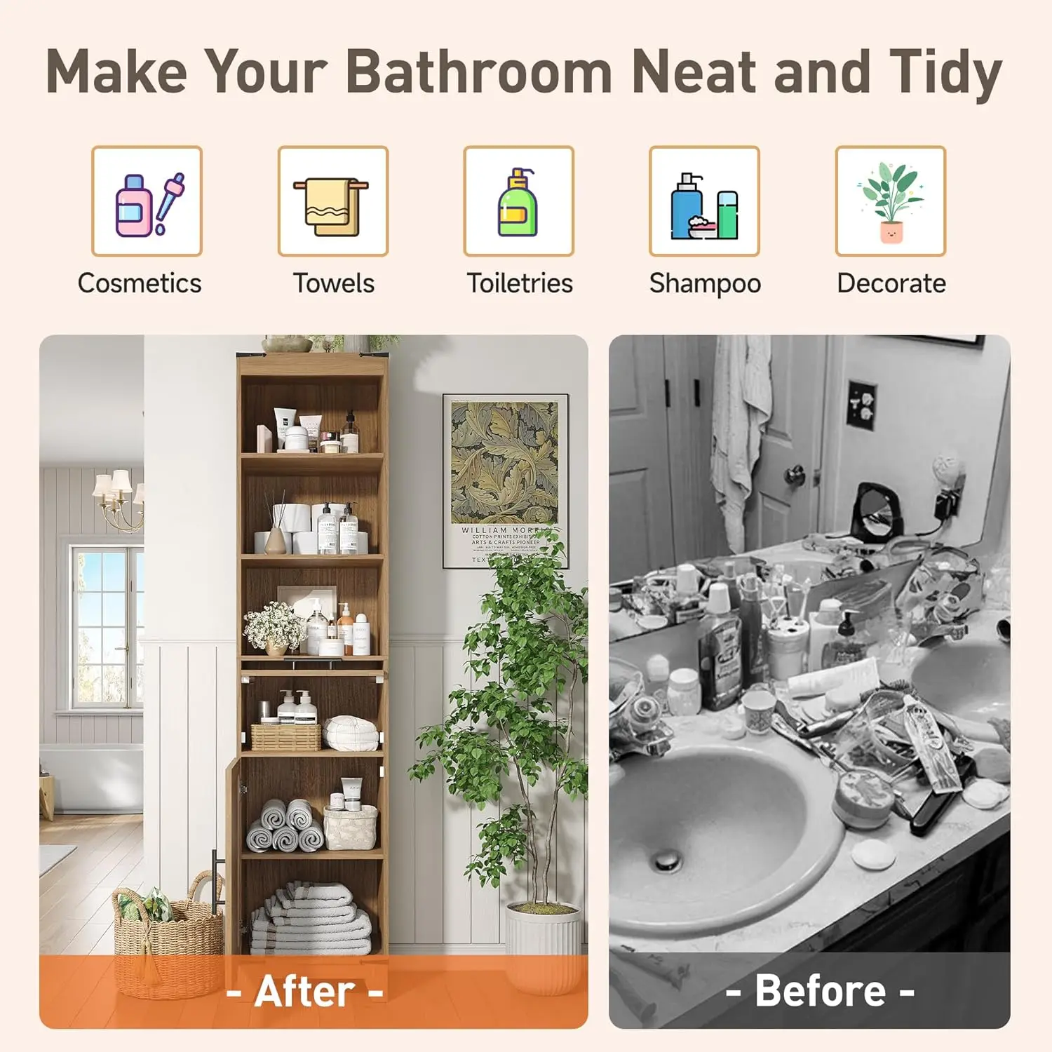 Rattan Bathroom Cabinet, Farmhouse Storage Cabinet with Adjustable Shelves & Drawer, Tall Narrow Cabinet for Bathroom, Kitchen