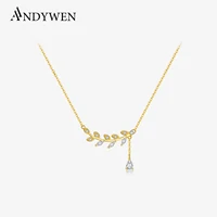 ANDYWEN 925 Sterling Silver Gold Leafs Zircon CZ Pendant Necklace Long Chain Women Drop Fine Jewelry 2023 Crystal Luxury Jewelry 1