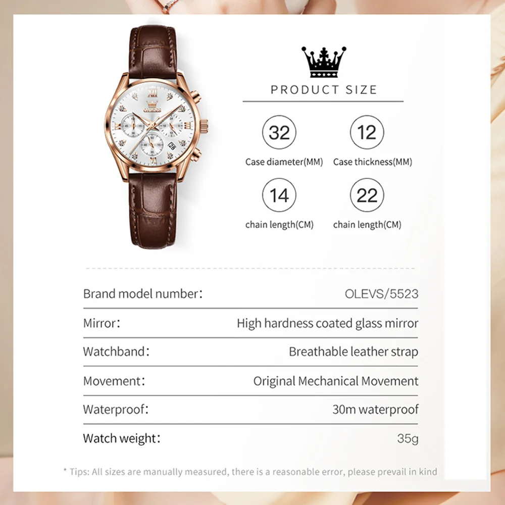 OLEVS Luxury Watch for Women Quartz Leather Strap Women Watches Multi-functional Dial Waterproof Luminous Chronograph Wristwatch