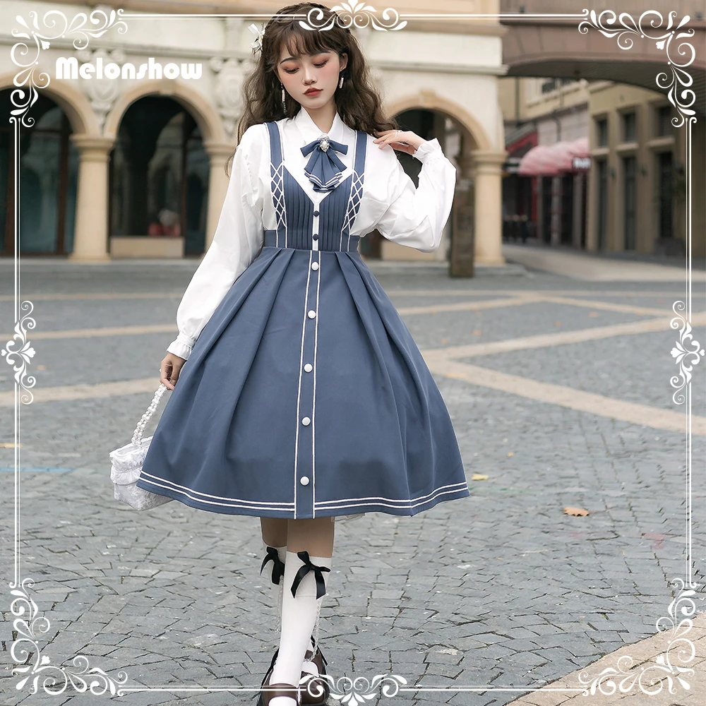 Melonshow Blue Lolita Dress Original Spring Lolita JSK and Lolita Long Coat Elegant Preppy Style Lolita Skirt Set Customizable
