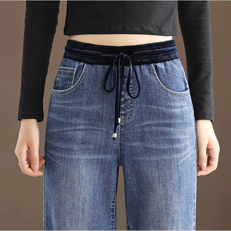 Women Plus Velvet Vintage Wide Leg Jeans Thicken Winter Baggy Vaqueros Pantalones High Waist Oversize 34 Warm Plush Denim Pants