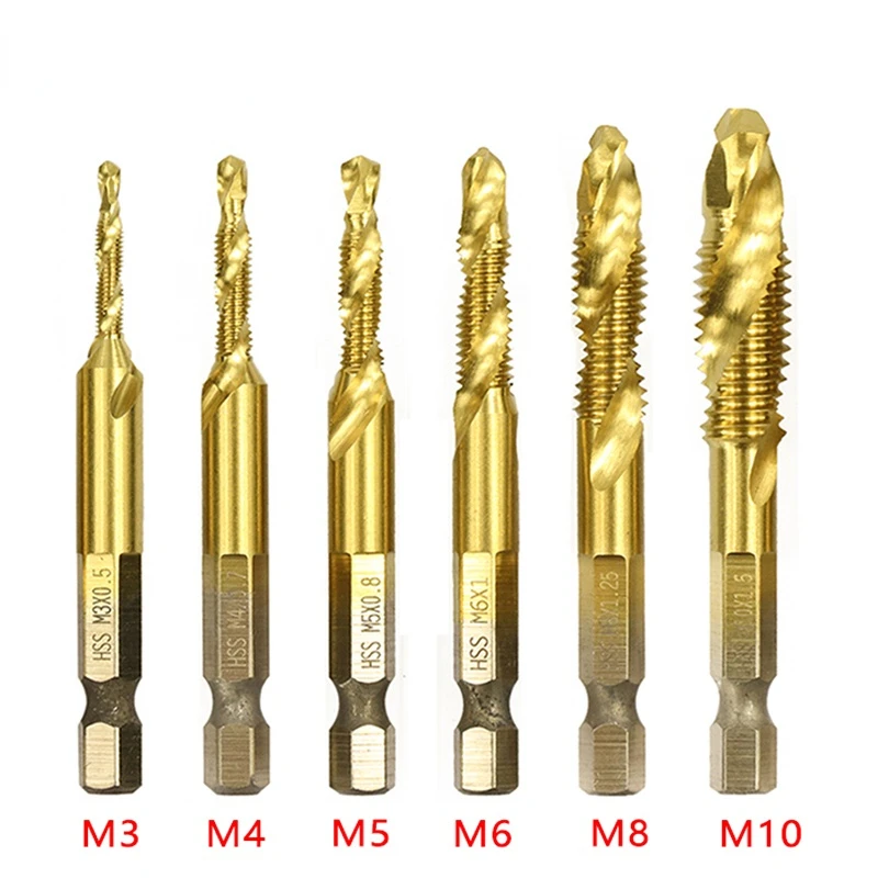 

1/6Pcs Tap Drill Bit Set Hex Shank Titanium Plated HSS Screw Thread Bit Screw Machine Compound Tap M3 M4 M5 M6 M8 M10 Hand Tools