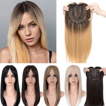 Toppers sintetici per capelli striaght da 18'' con frangia per donne Grandi posticci naturali 6X6'' Aggiunta di volume dei capelli Topper Estensioni dei capelli