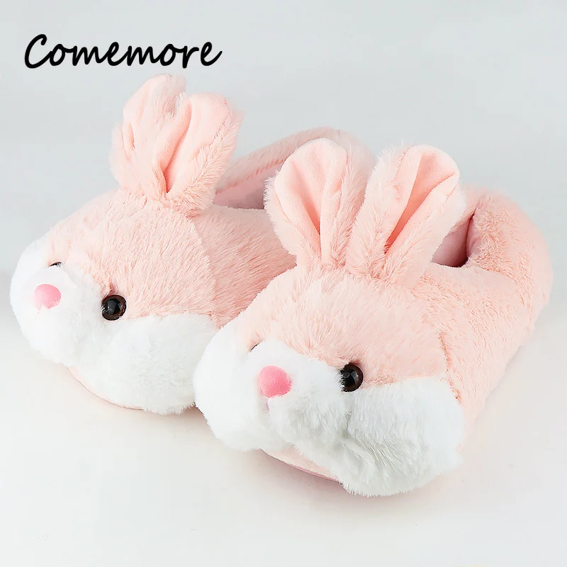 Comemore Women Cute Animal Slippers Girls Rabbit Home Shoes Plus Size 44 Non Slip Flat Autumn Winter Warm Slipper Plush Men