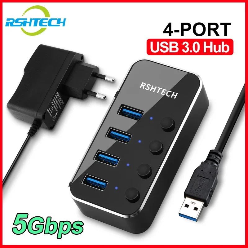 

RSHTECH USB 3.0 Hub Splitter 4 Ports Aluminum 5Gbps USB Data Hub Expander with Individual On/Off Switch for Macbook Laptops