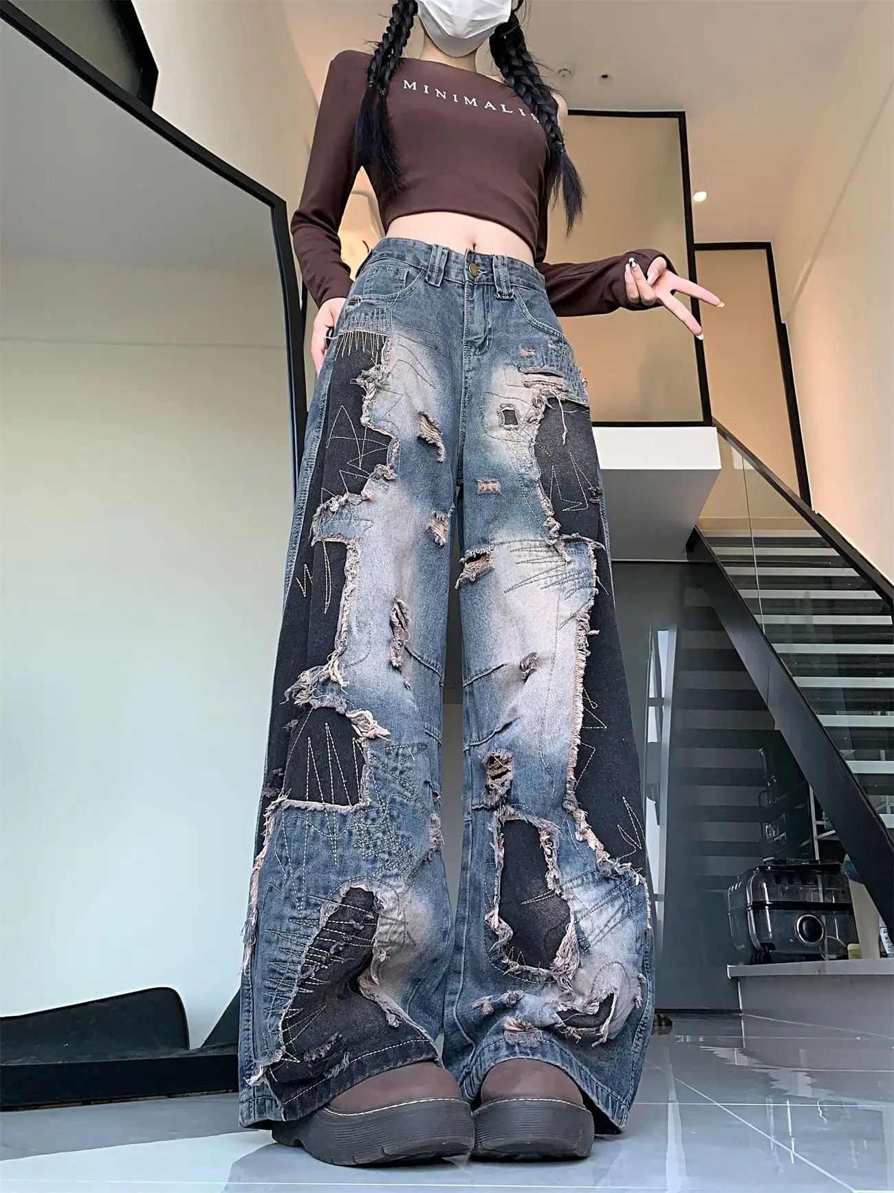 Patchwork-Jeans mit weitem Bein für Damen, hohe Taille, bodenlang, gewaschener, Distressed-Denim, Sommer, ohne Stretch, Streetwear-Hose – Detail 8