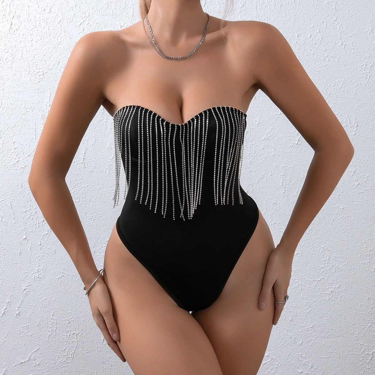 

Bodysuit with Rhinestones Tassel Body Shaper Top for Womens Off-the-shoulder Jumpsuit Black Sexy Waist Slim Fit Shapewear Onesie