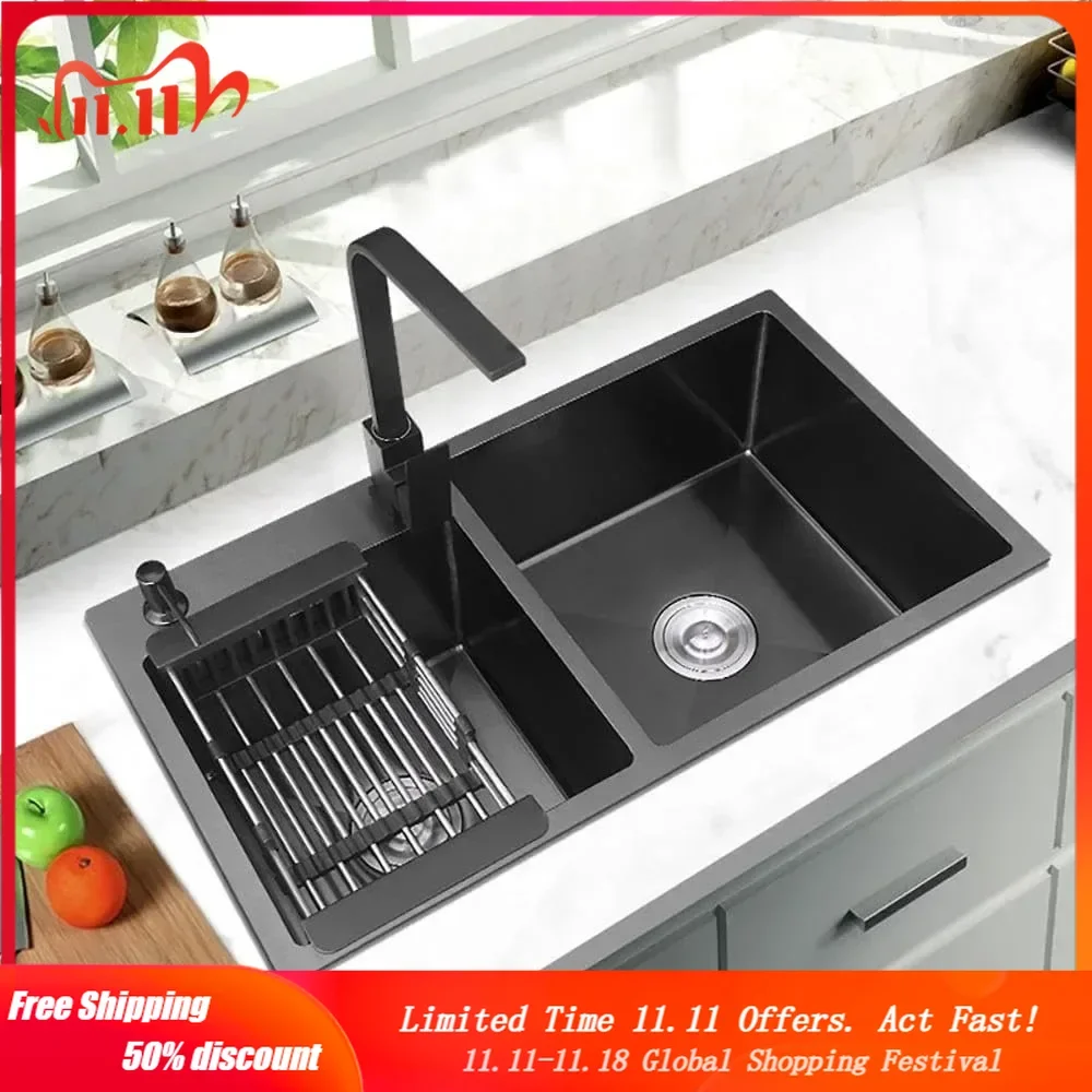 Stainless Steel Kitchen Sink Double Bowls Drop-In Sink with Drain and Overflow