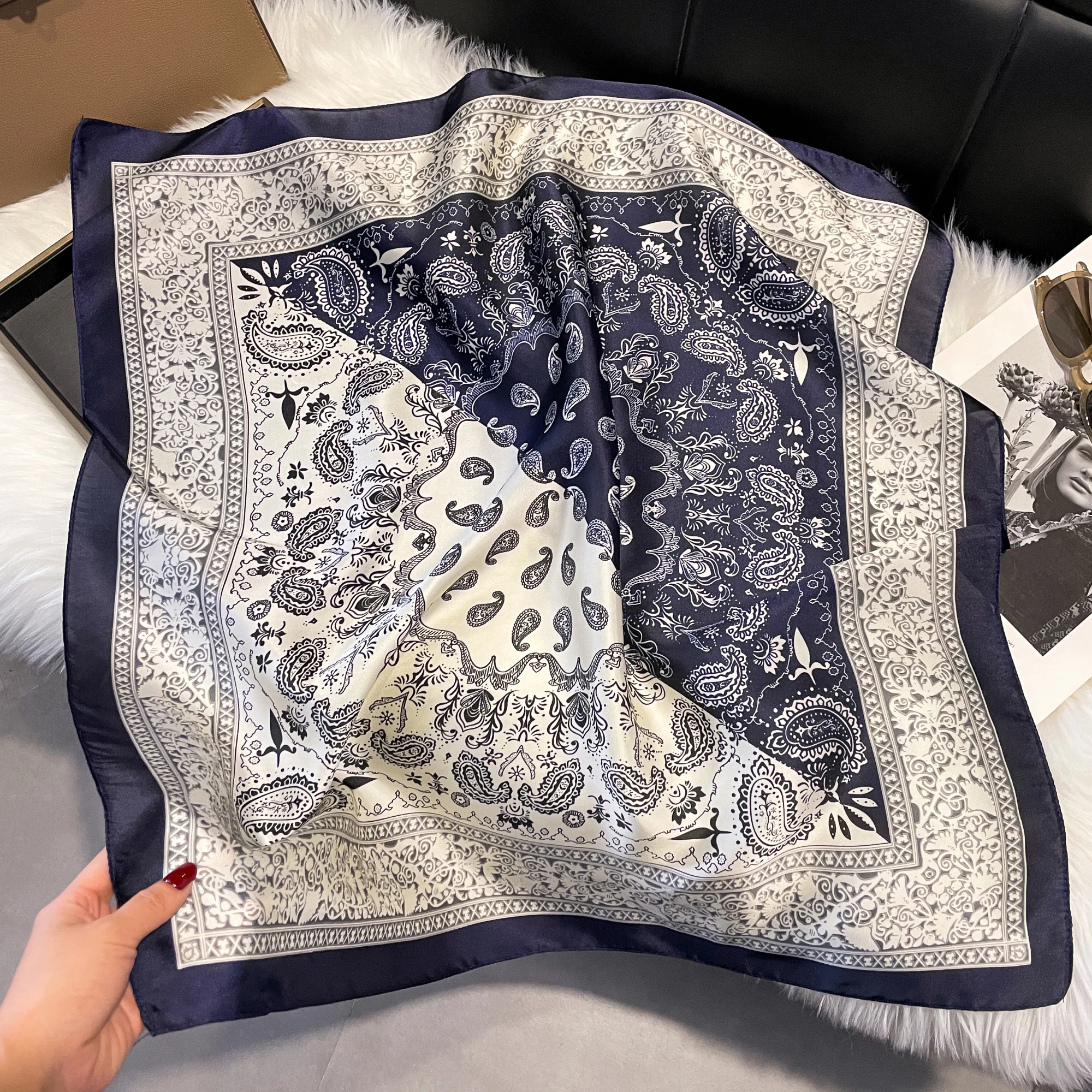 New Luxury Print 70*70cm Silk Square Scarf Women Soft Satin Hairband Neckerchief Tie Female Headband Foulard Bag Ribbon Gift