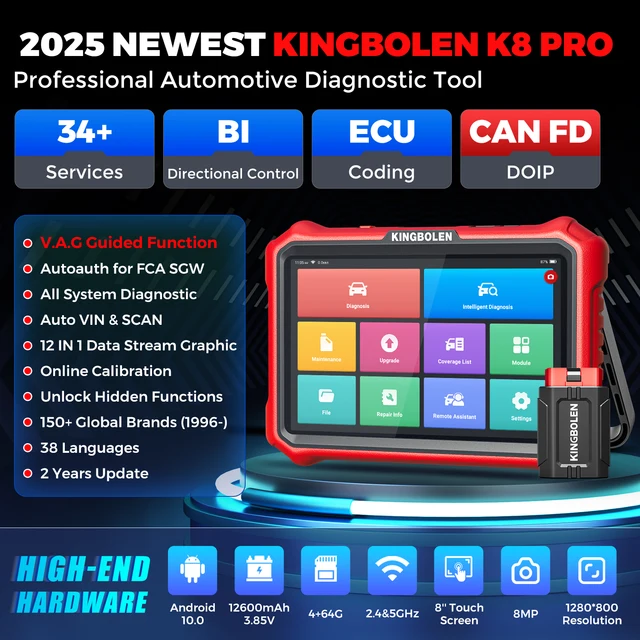 KINGBOLEN K8 Elite Bidirectionnal OBD2 Scanner ECU Coding CANFD FCA 40+ Service All System Diagnostic Tools Lifetime Free Update 2