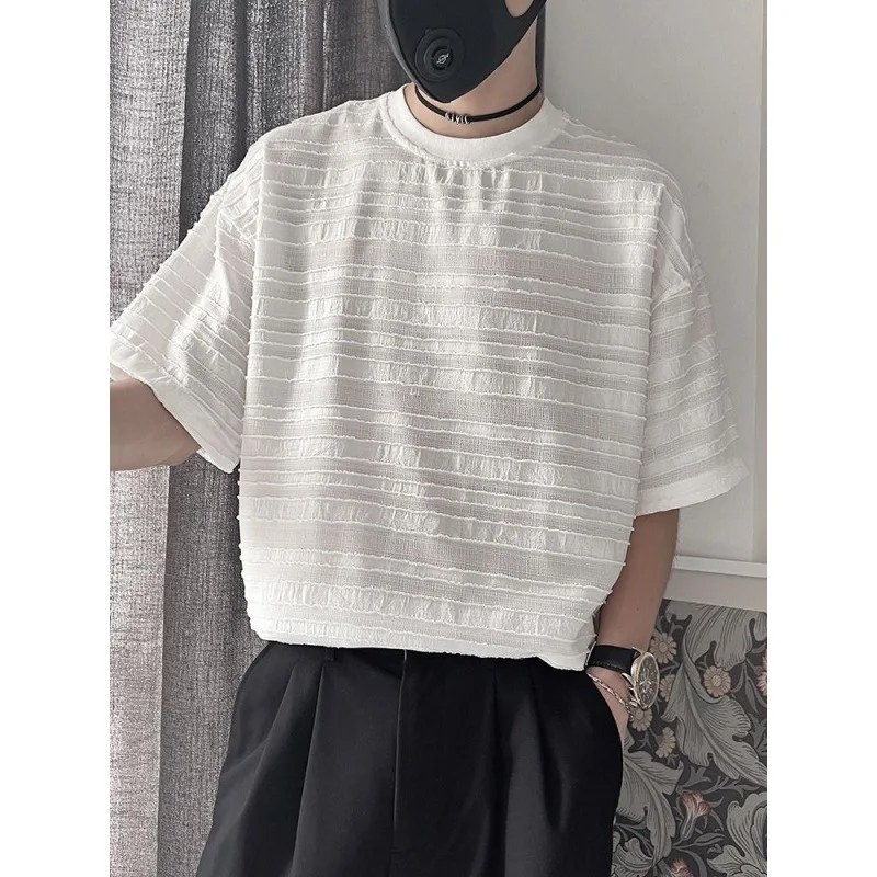 HOUZHOU 남성용 줄무늬 메쉬 티셔츠, 해변 반팔 티, 반투명 통기성 상의, O-넥 캐주얼 스트리트웨어, 여름