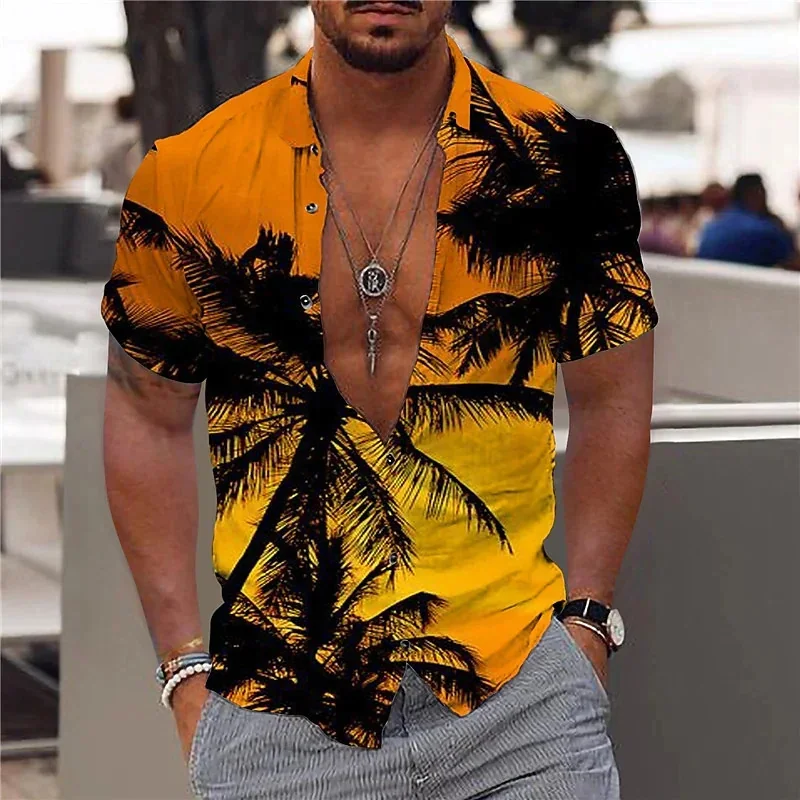 Camisa hawaiana con estampado de cocotero para hombre, camisas hawaianas con estampado 3D de atardecer colorido, blusas de verano de gran tamaño con solapa, mangas cortas
