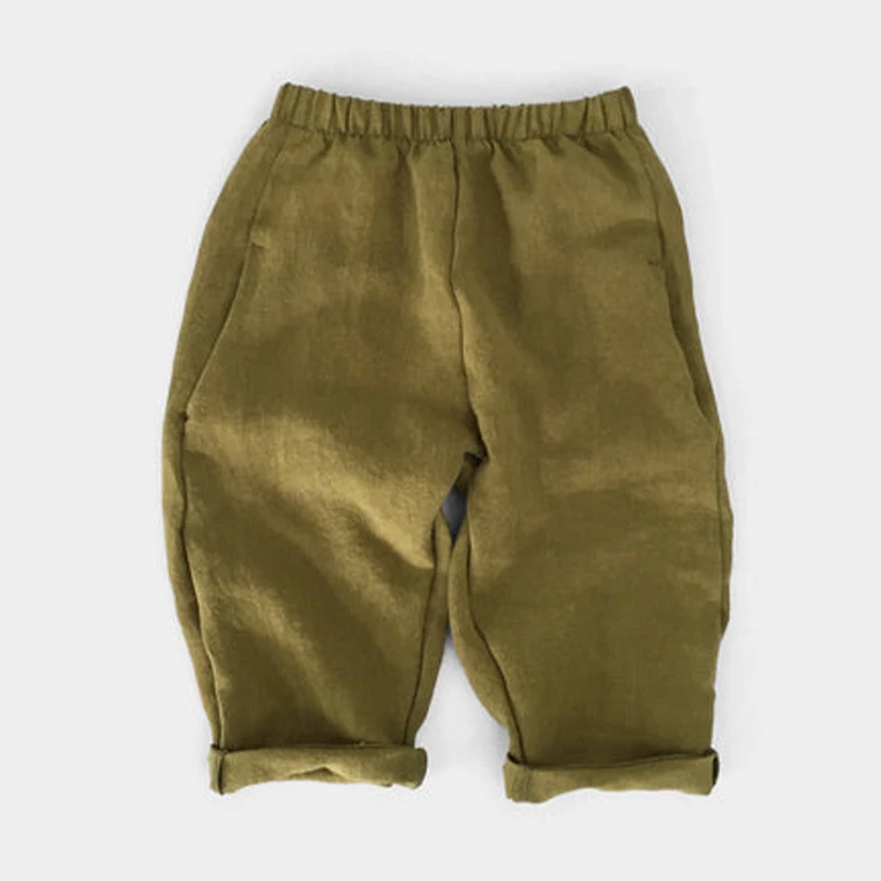 Mori Cotton Linen Pants   Anywear Unisex Boys And Girls Retro Straight Summer Elastic Waist Loose fit Casual Pant with Pocket Children's Trousers in green