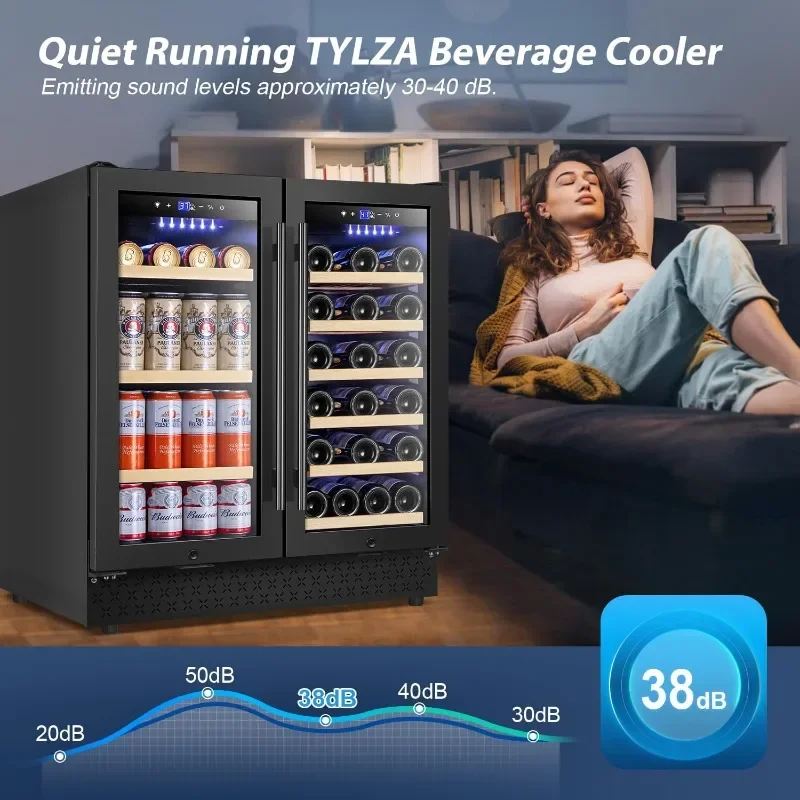 Tylza 30 Inch Wine and Beverage Refrigerator, Dual Zone Wine Beverage Cooler 30" with French Door, Under Counter Beer