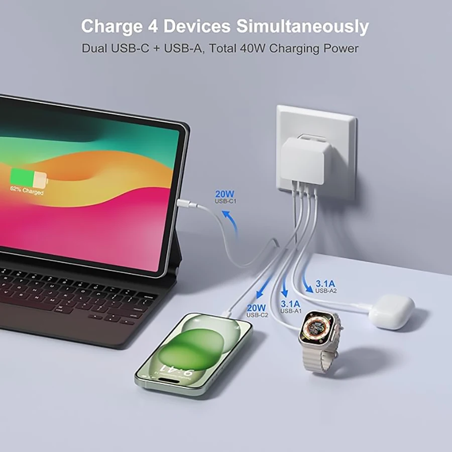 High-Speed 40W 4-Port USB-C Charger with Dual PD+QC Ports