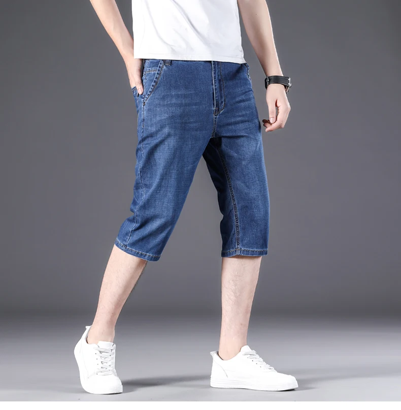 Men's Summer Thin Short Jeans 2022 new Stretch Loose Straight Men's Knee Denim Cropped Pants black blue best men's casual shorts
