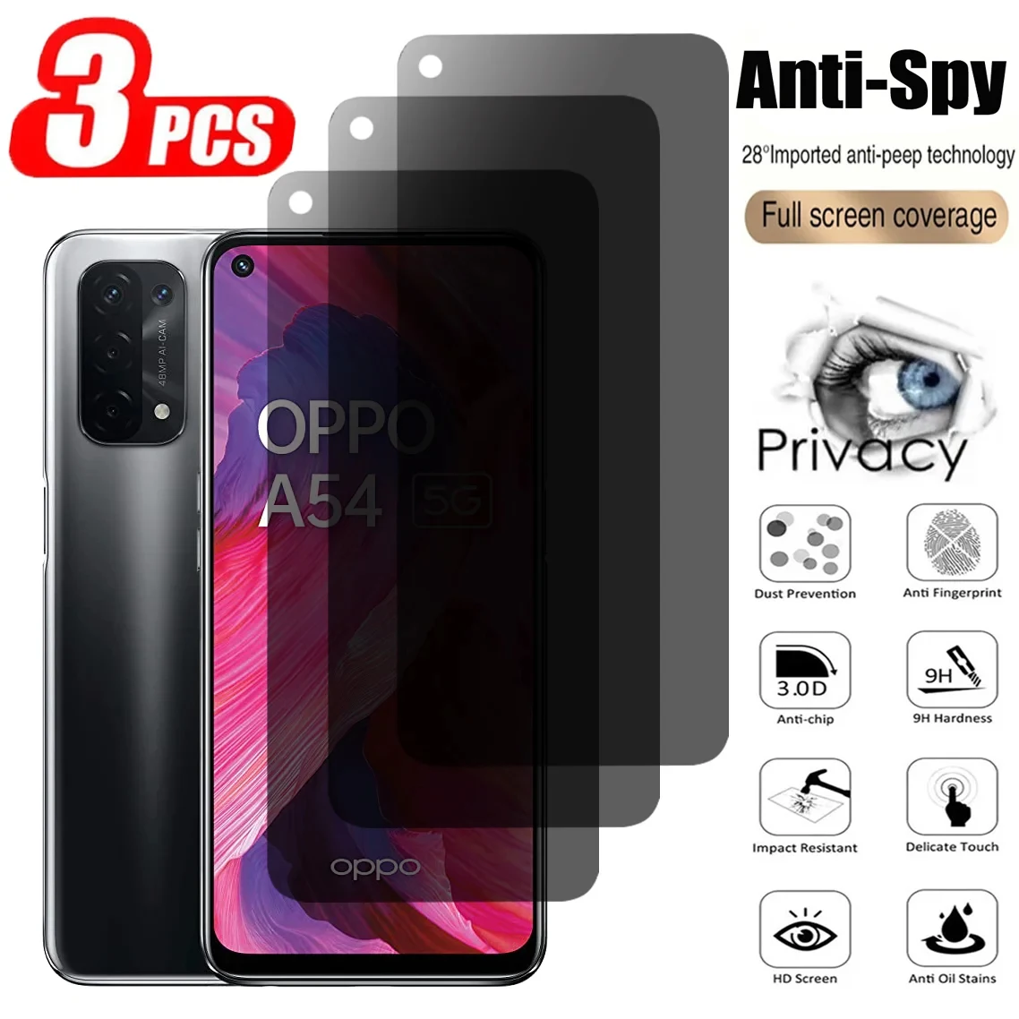 Фото Защитный экран для OPPO A95 A94 A93 A91 A53S A83 A73 A5S A57 A56 A55 A54 A53 A35 A33 A32 A16K A15 A11K, антишпионское стекло №1