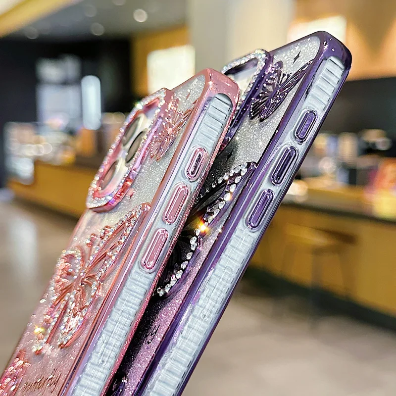Butterfly Glitter Phone Cases For IPhone 16 Pro Max 15 14 13 12 11 Rhinestone Back Cover