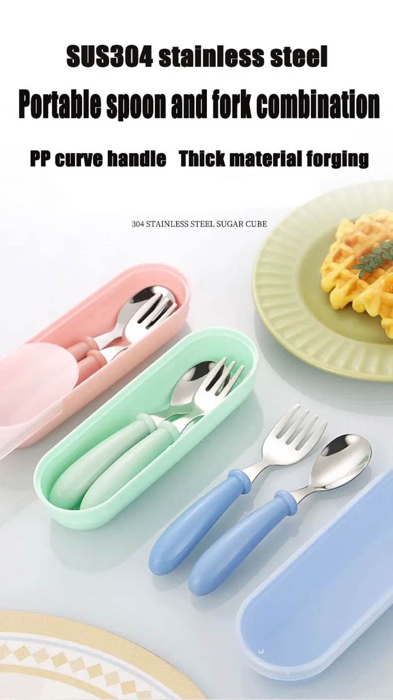 Description Picture 2 of item304 stainless steel portable tableware set outdoor spoon and fork 2-piece set student portable tableware set baby feeding spoon