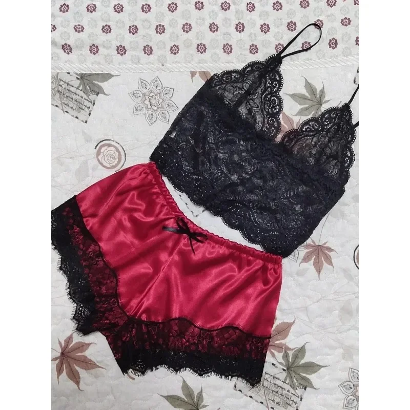 Sleepwear Lingerie Set Lace Sleepwear Set Womens 2 Pcs Sexy Transparent Sleeveless Tops Silk Shorts Pajamas Nightwear S-3XL Female two pieces set